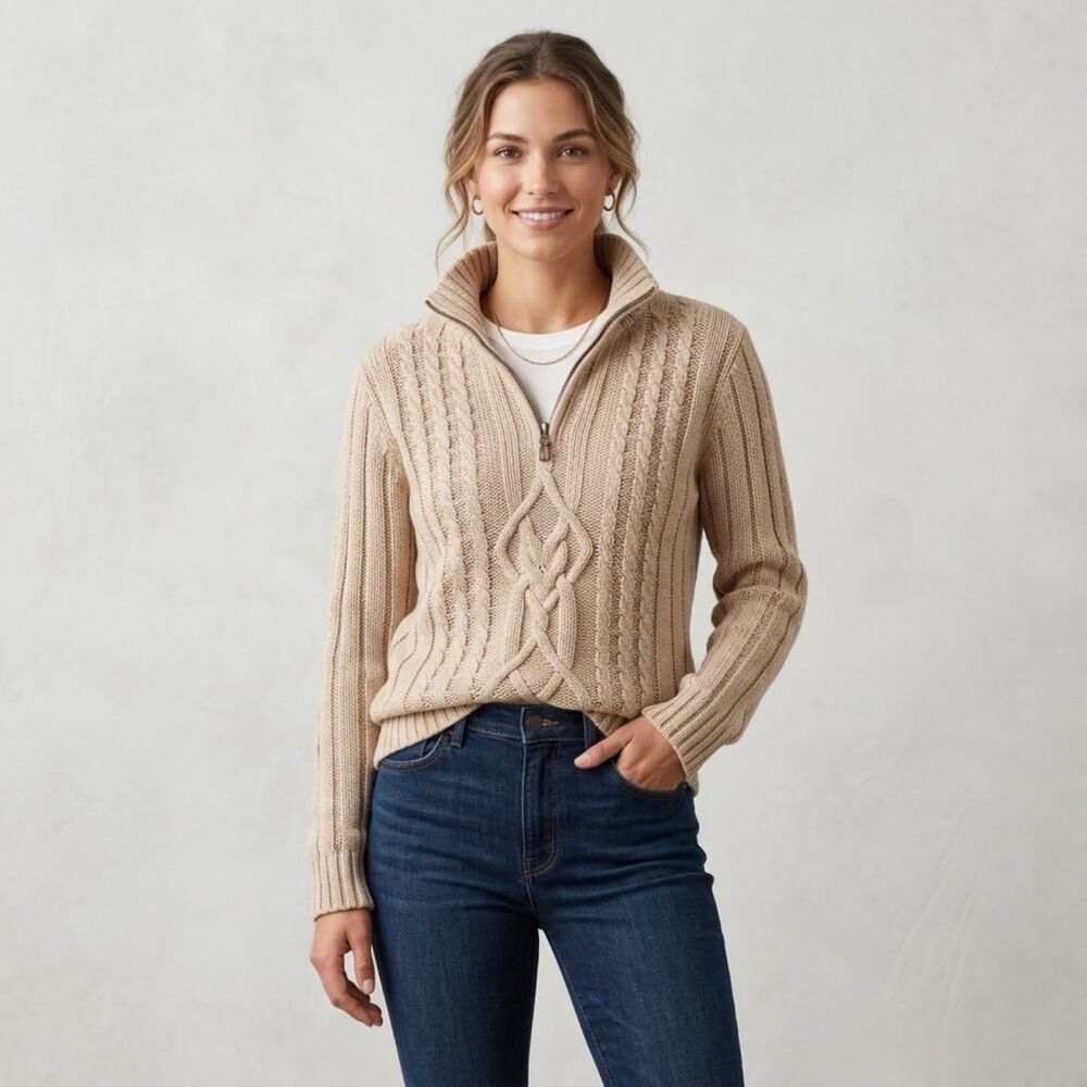 Leo & Nicole Cotton Oatmeal 1/4-Zip Cable Knit Fisherman Nordic Sweater SZ XL
